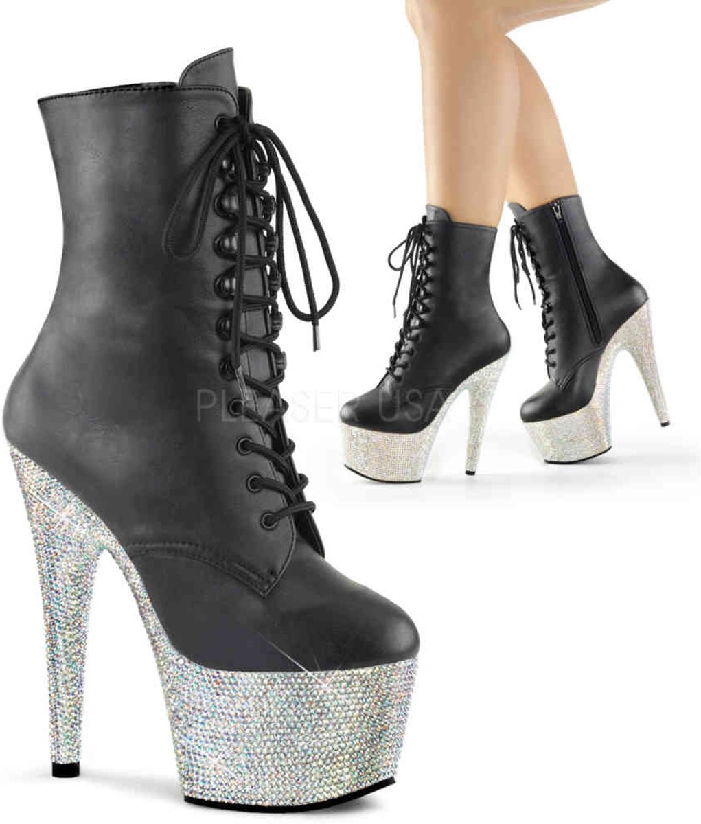 EU 37 = US 7 | BEJEWELED-1020-7 | 7 Heel, 2 3/4 PF Front Lace-Up Ankle Boot w/RS, Side Zip